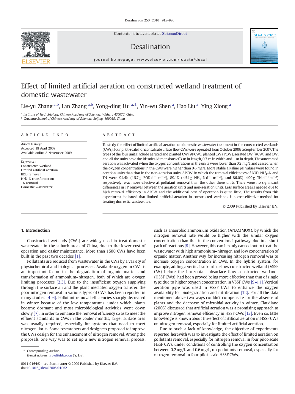 Effect of limited artificial aeration on constructed wetland treatment of domestic wastewater