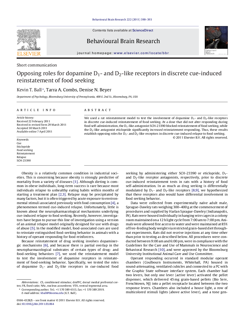 Short communicationOpposing roles for dopamine D1- and D2-like receptors in discrete cue-induced reinstatement of food seeking