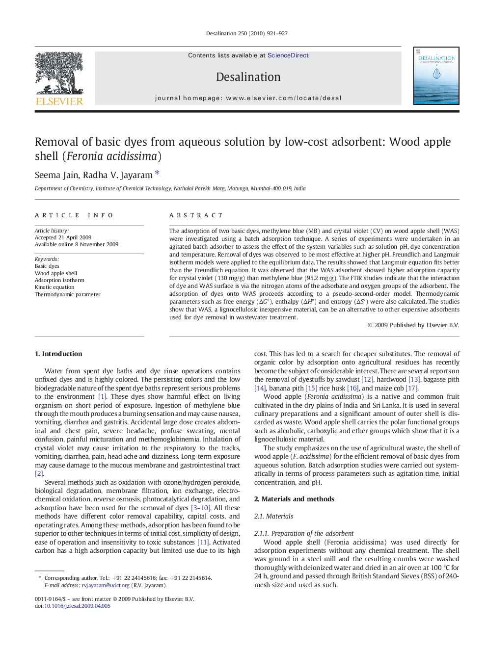 Removal of basic dyes from aqueous solution by low-cost adsorbent: Wood apple shell (Feronia acidissima)