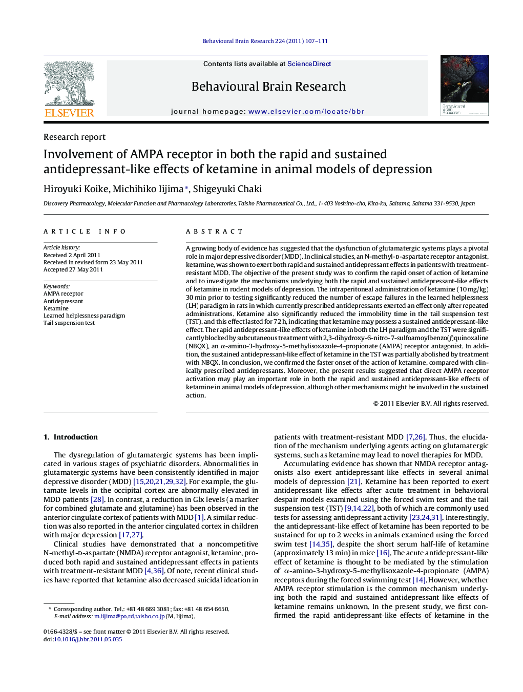 Research reportInvolvement of AMPA receptor in both the rapid and sustained antidepressant-like effects of ketamine in animal models of depression