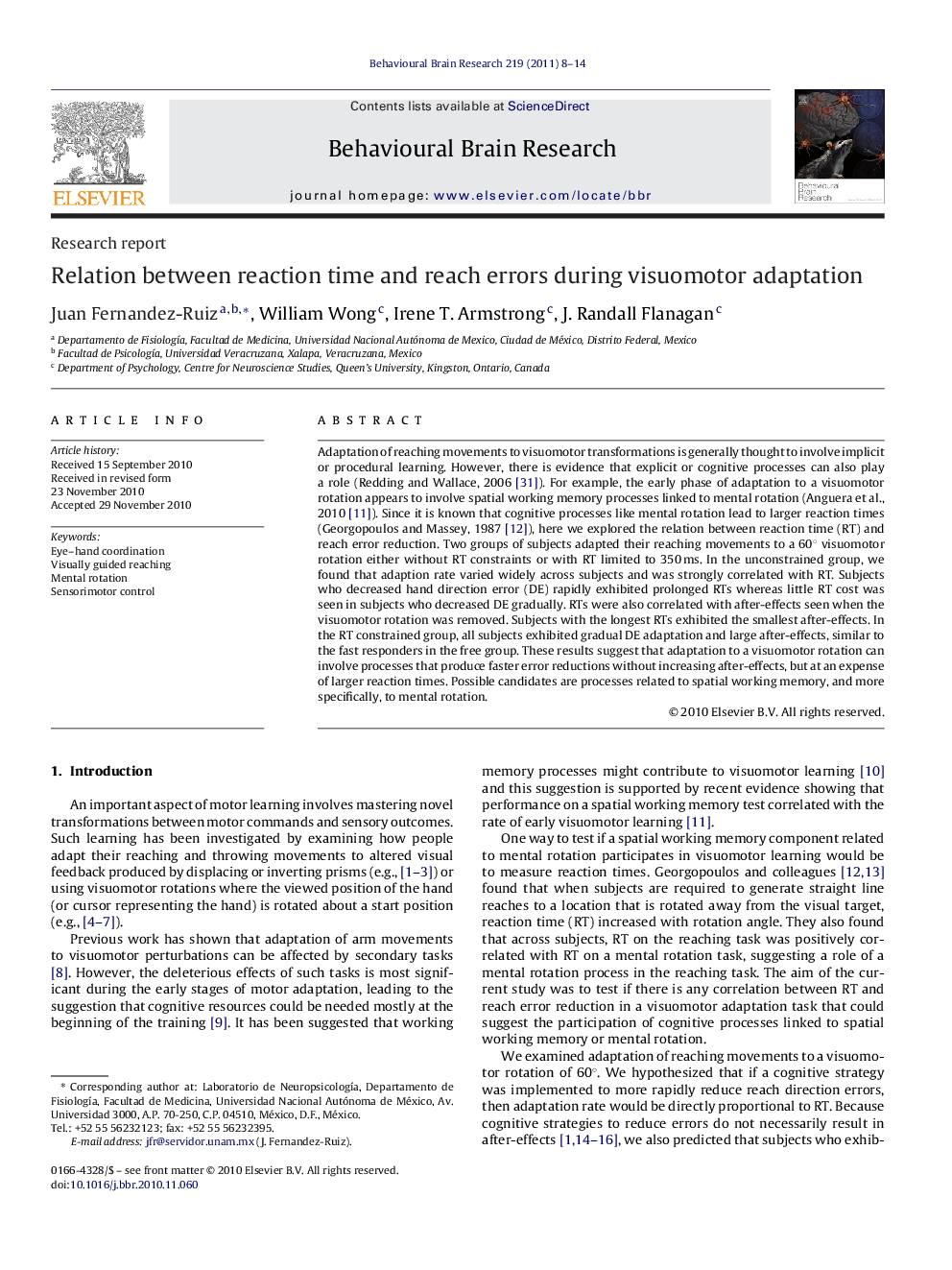 Research reportRelation between reaction time and reach errors during visuomotor adaptation