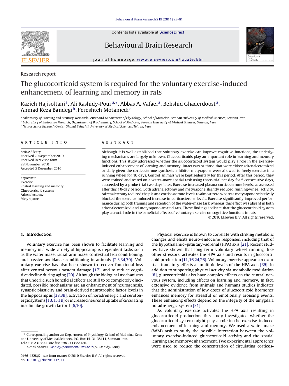 Research reportThe glucocorticoid system is required for the voluntary exercise-induced enhancement of learning and memory in rats