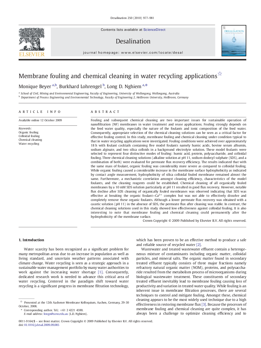 Membrane fouling and chemical cleaning in water recycling applications 