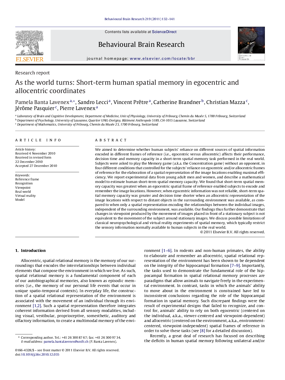 Research reportAs the world turns: Short-term human spatial memory in egocentric and allocentric coordinates