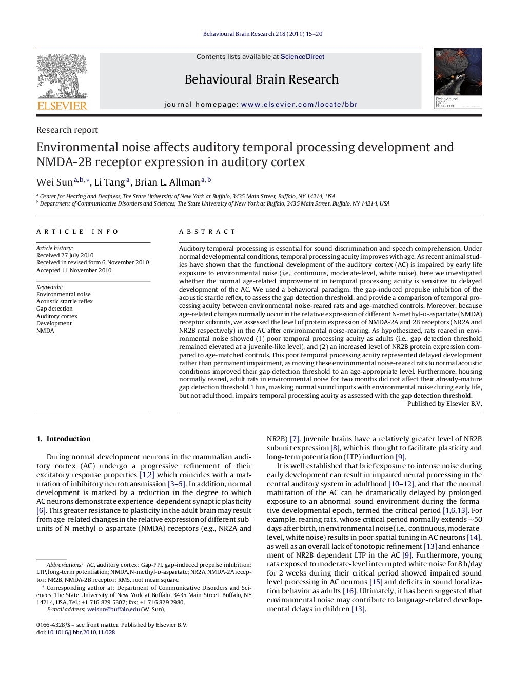 Research reportEnvironmental noise affects auditory temporal processing development and NMDA-2B receptor expression in auditory cortex