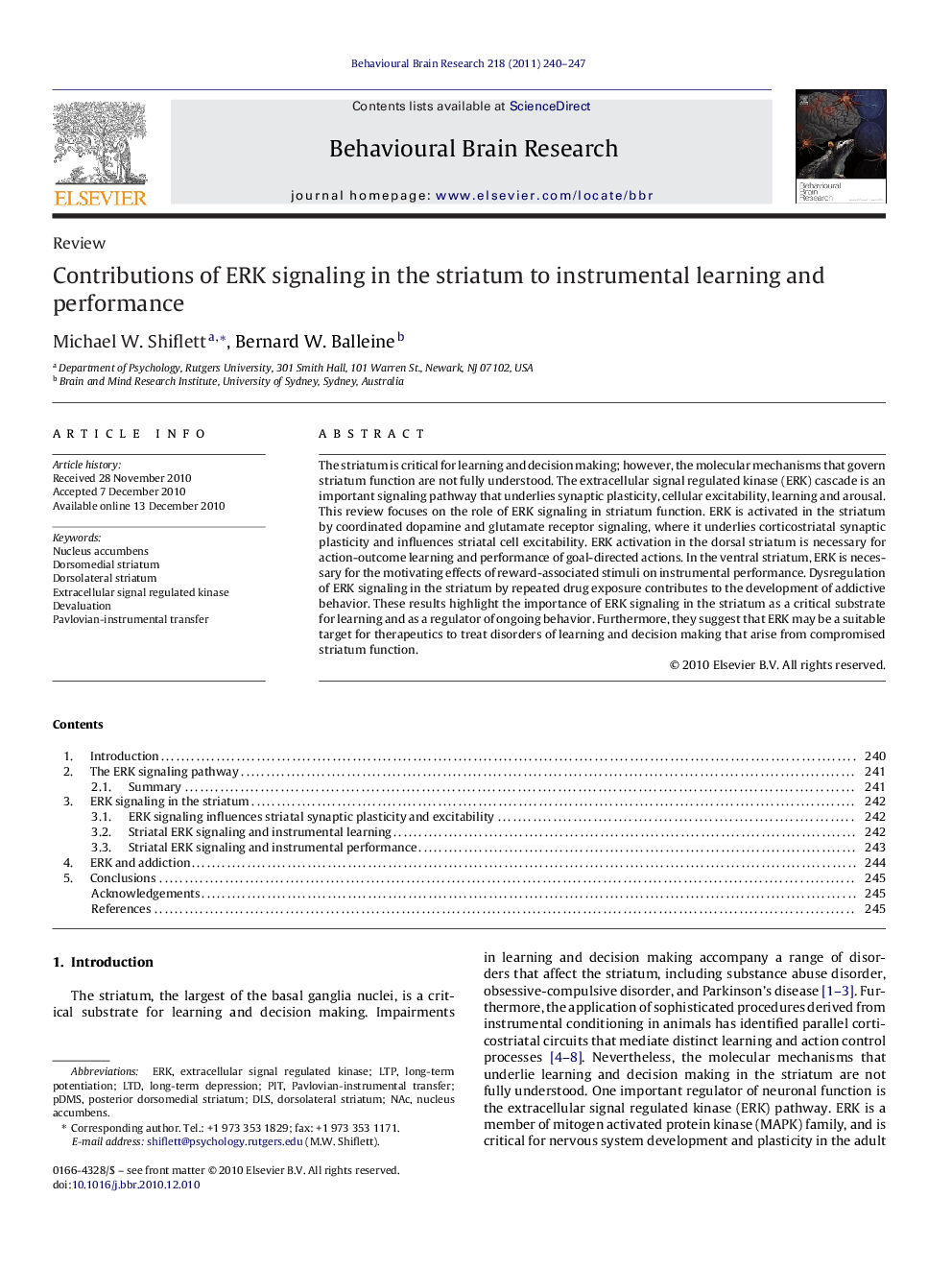 ReviewContributions of ERK signaling in the striatum to instrumental learning and performance