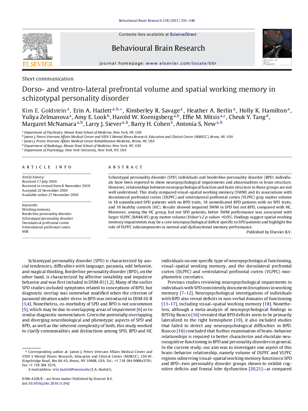 Short communicationDorso- and ventro-lateral prefrontal volume and spatial working memory in schizotypal personality disorder