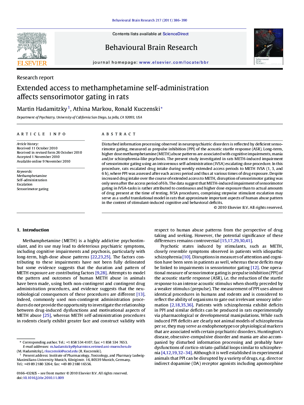 Research reportExtended access to methamphetamine self-administration affects sensorimotor gating in rats