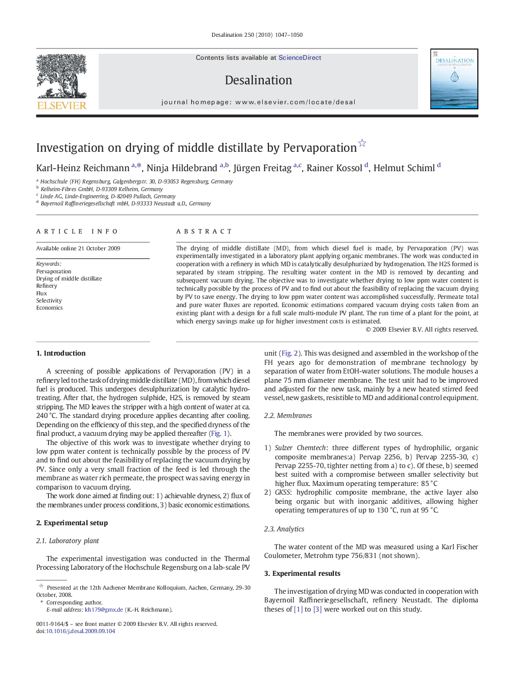 Investigation on drying of middle distillate by Pervaporation 