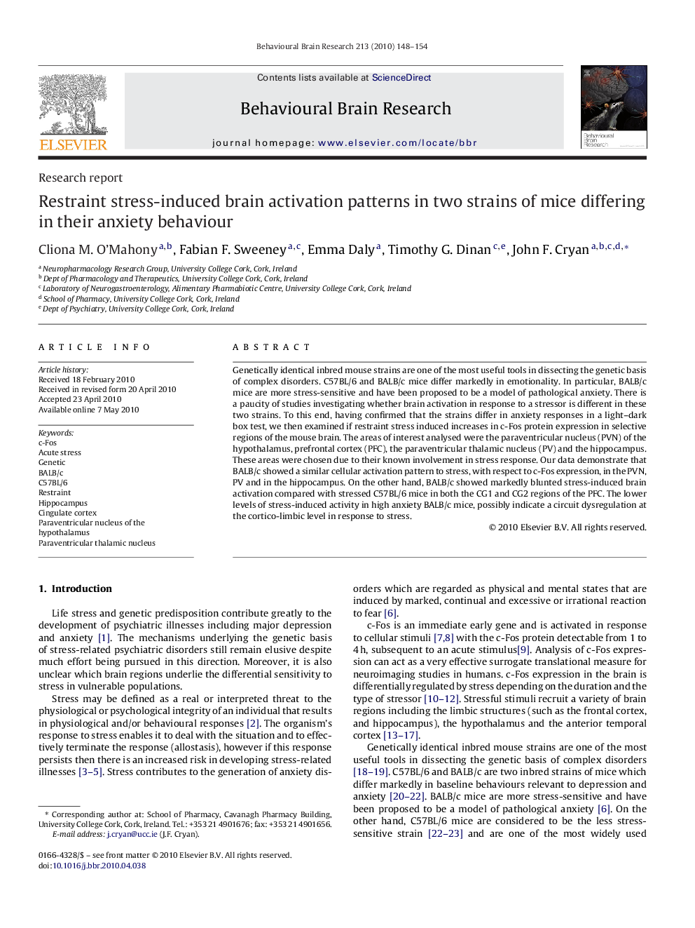 Research reportRestraint stress-induced brain activation patterns in two strains of mice differing in their anxiety behaviour