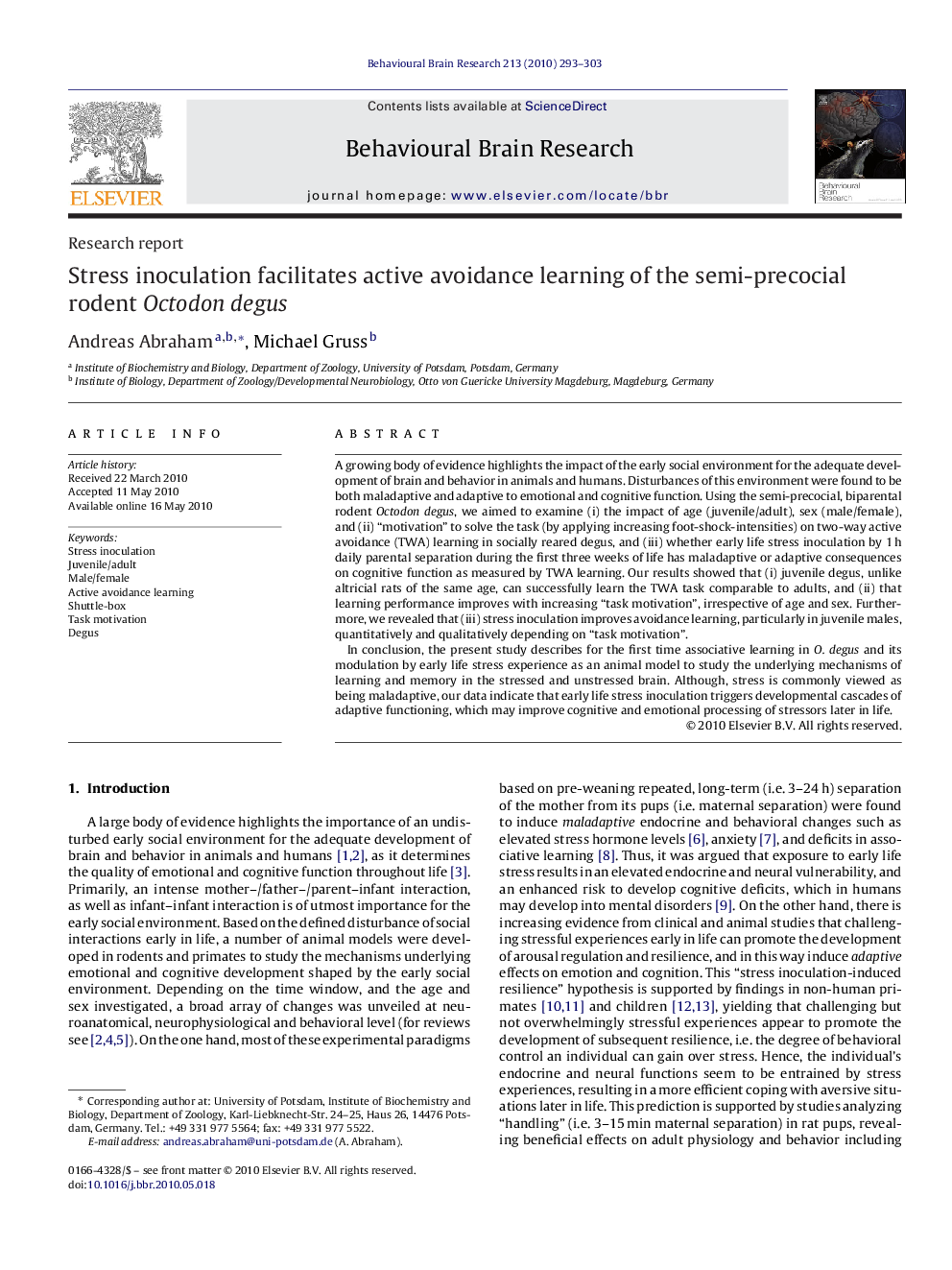 Research reportStress inoculation facilitates active avoidance learning of the semi-precocial rodent Octodon degus