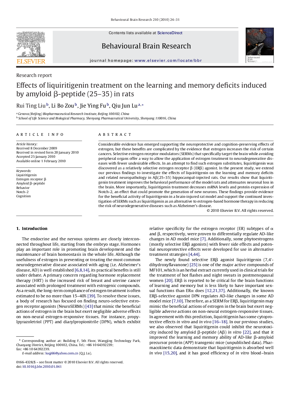 Research reportEffects of liquiritigenin treatment on the learning and memory deficits induced by amyloid Î²-peptide (25-35) in rats