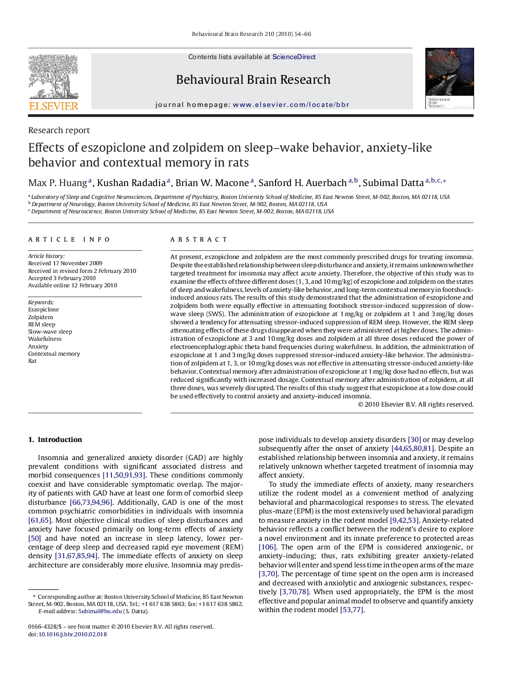 Research reportEffects of eszopiclone and zolpidem on sleep-wake behavior, anxiety-like behavior and contextual memory in rats