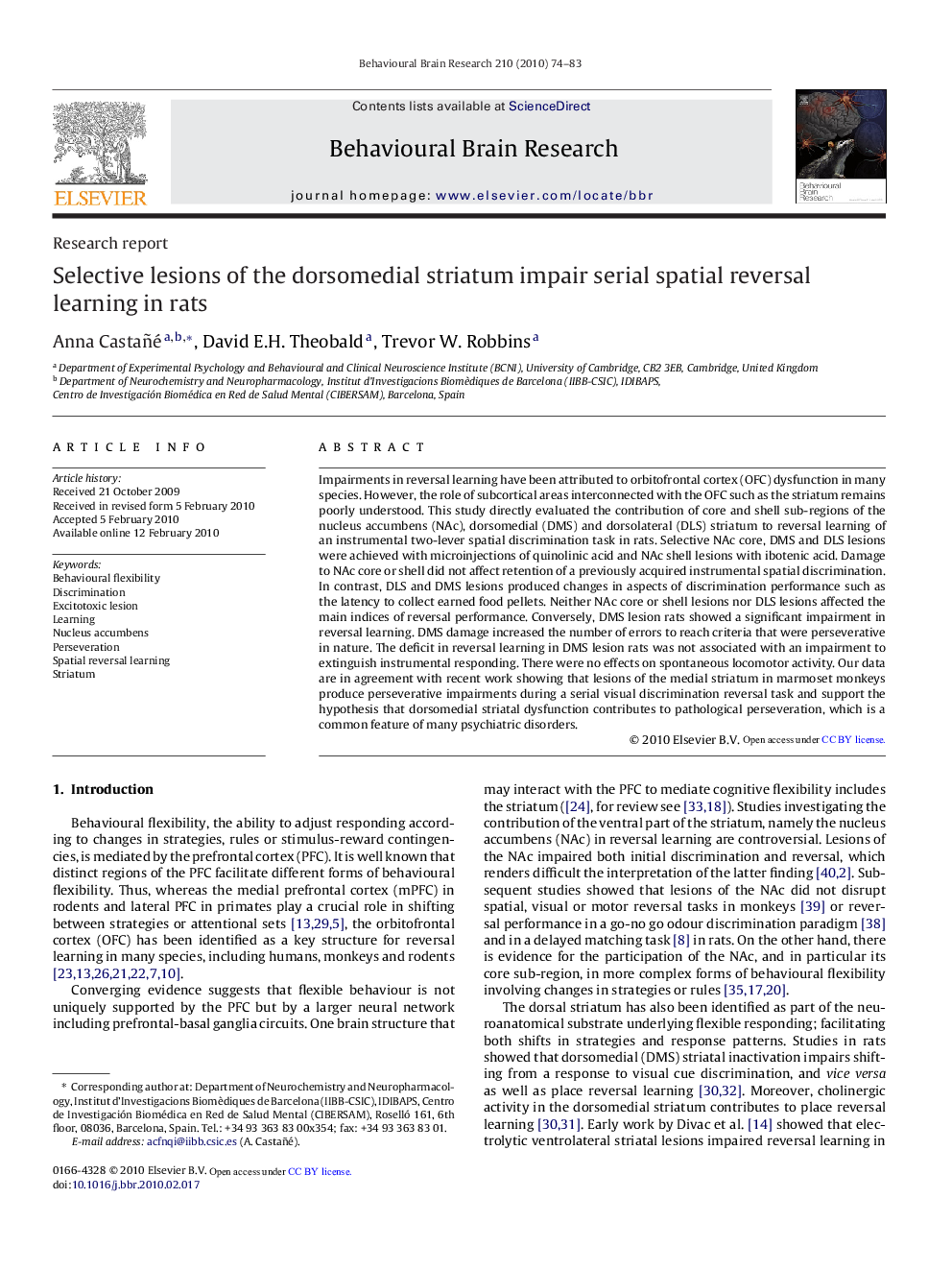 Research reportSelective lesions of the dorsomedial striatum impair serial spatial reversal learning in rats