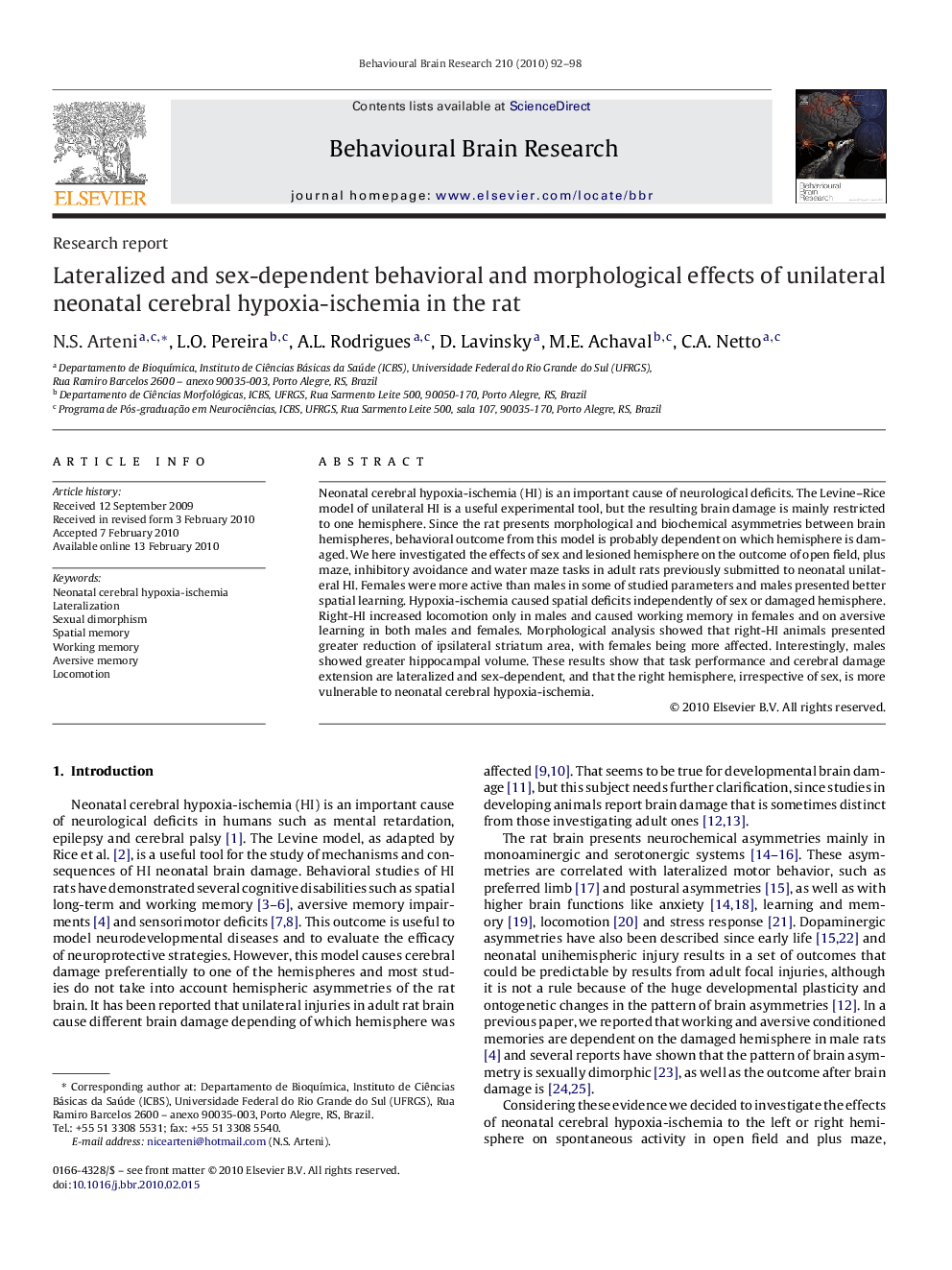 Research reportLateralized and sex-dependent behavioral and morphological effects of unilateral neonatal cerebral hypoxia-ischemia in the rat