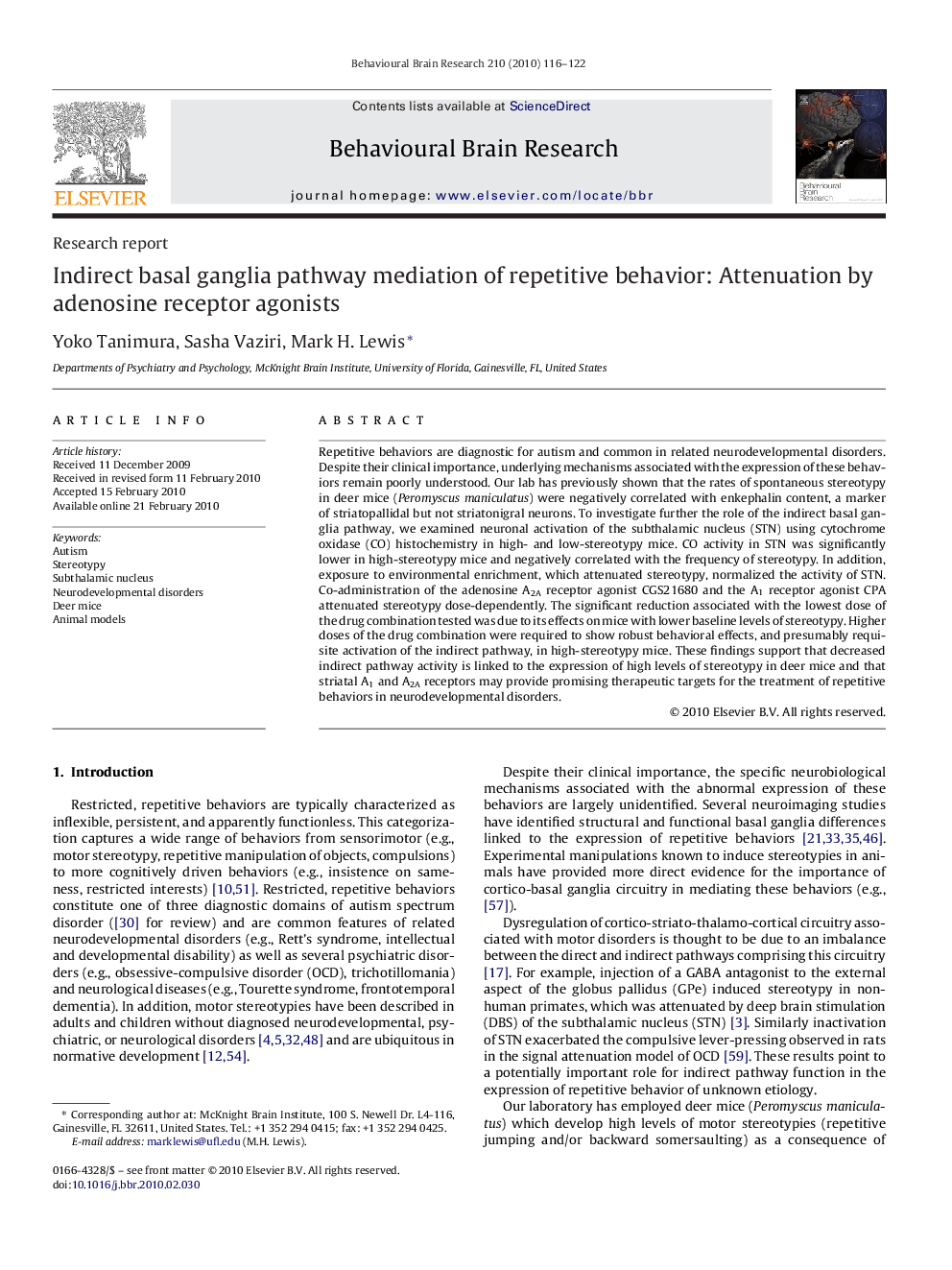 Research reportIndirect basal ganglia pathway mediation of repetitive behavior: Attenuation by adenosine receptor agonists