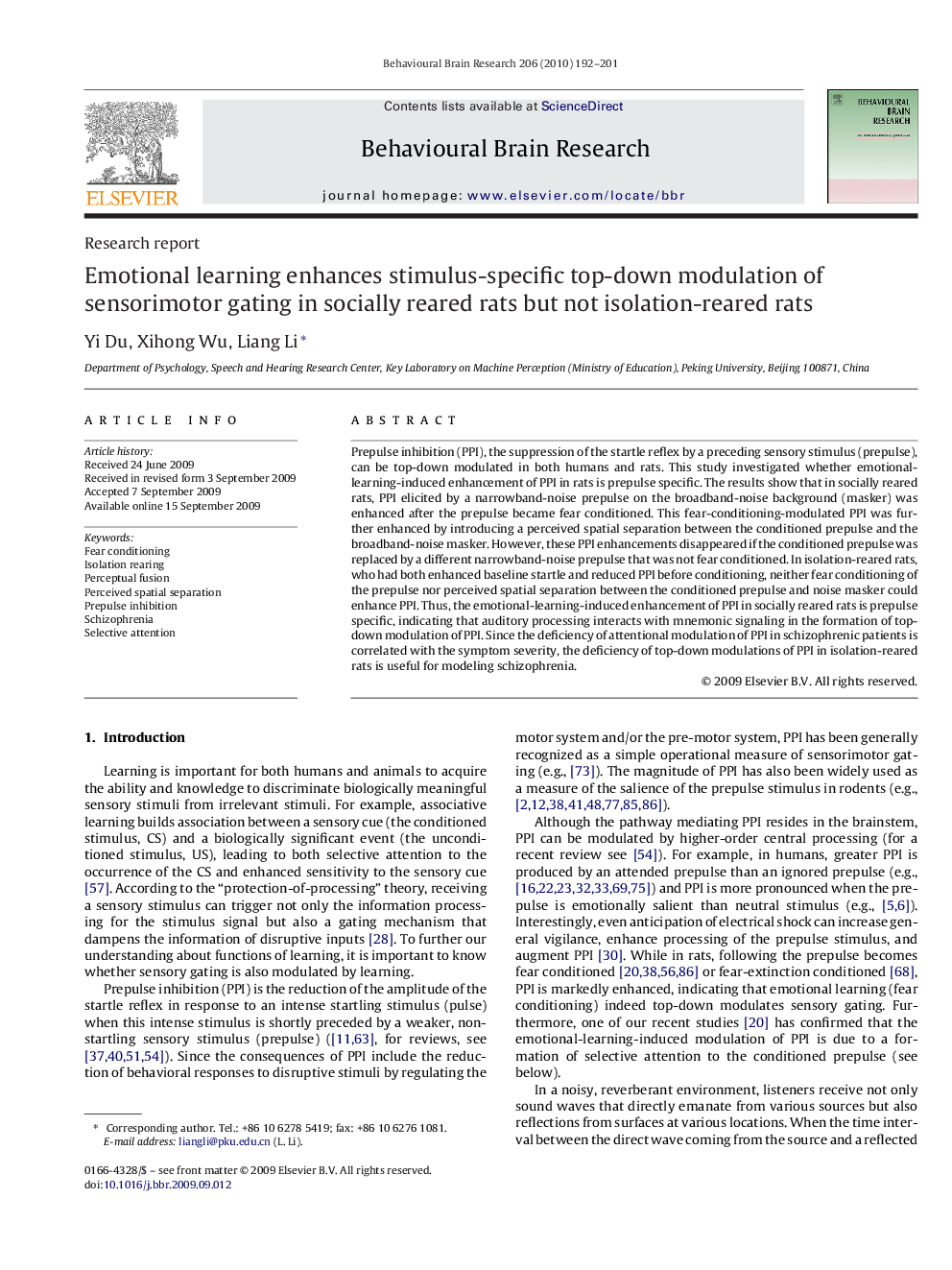 Research reportEmotional learning enhances stimulus-specific top-down modulation of sensorimotor gating in socially reared rats but not isolation-reared rats