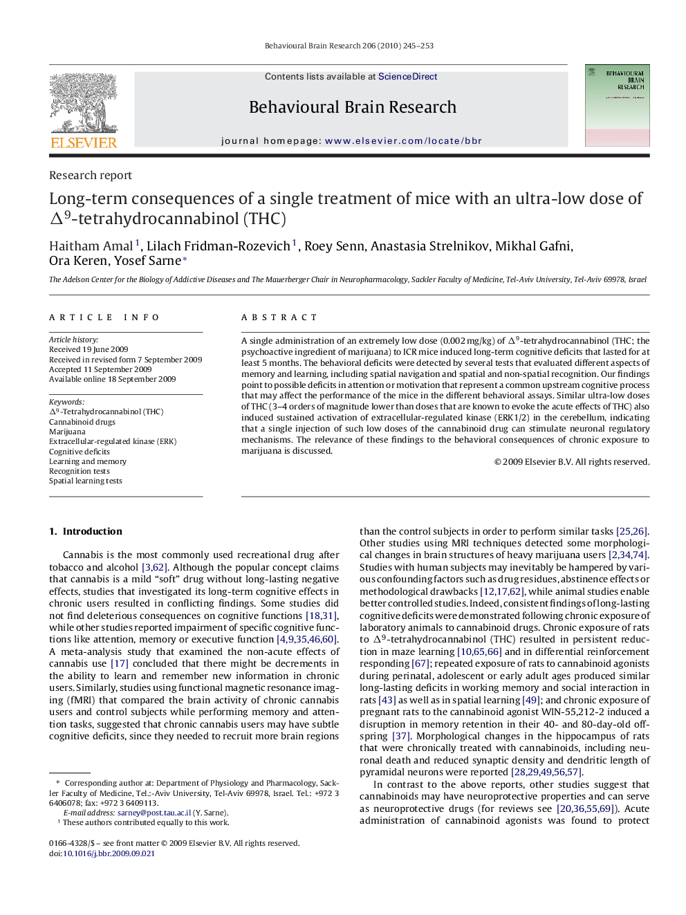 Research reportLong-term consequences of a single treatment of mice with an ultra-low dose of Î9-tetrahydrocannabinol (THC)