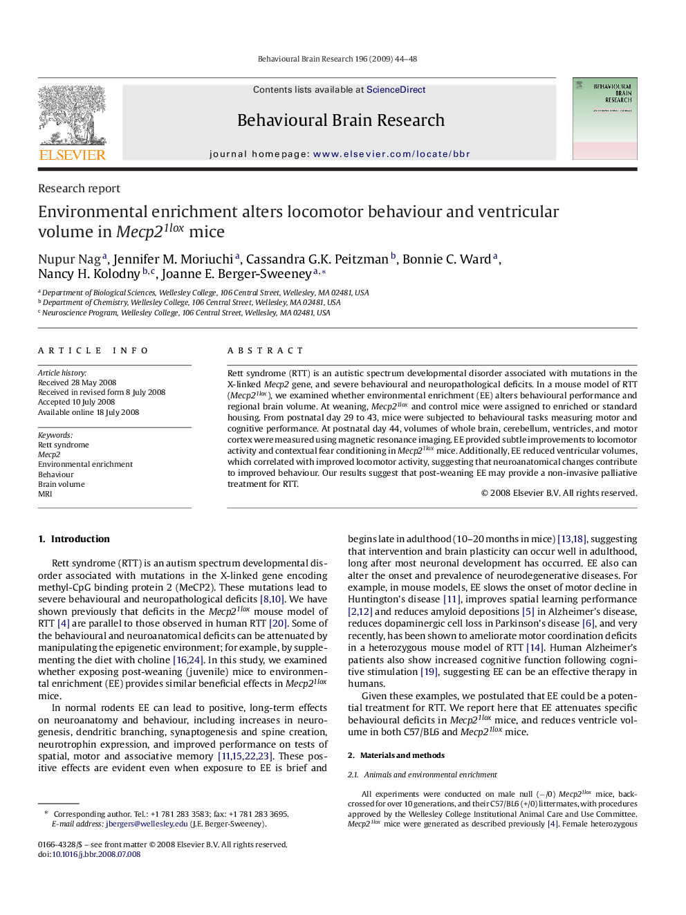 Environmental enrichment alters locomotor behaviour and ventricular volume in Mecp21lox mice