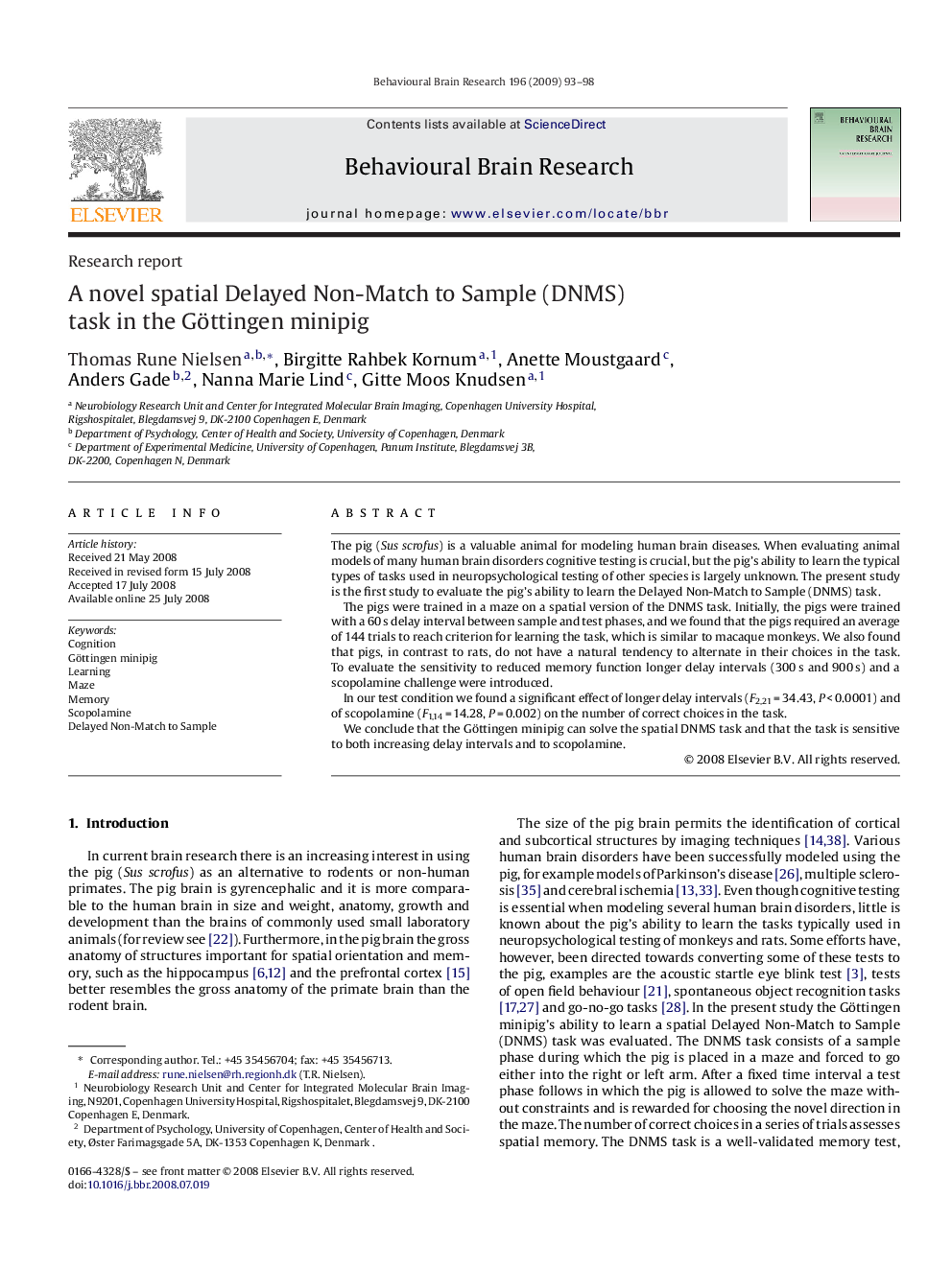 Research reportA novel spatial Delayed Non-Match to Sample (DNMS) task in the Göttingen minipig