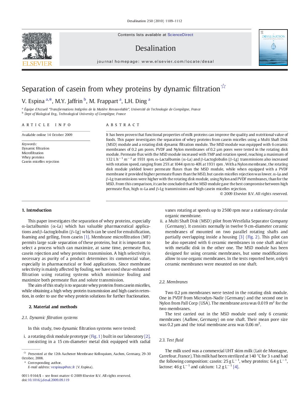 Separation of casein from whey proteins by dynamic filtration 