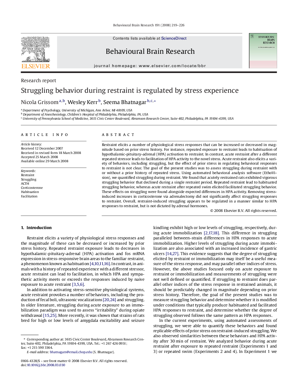 Research reportStruggling behavior during restraint is regulated by stress experience