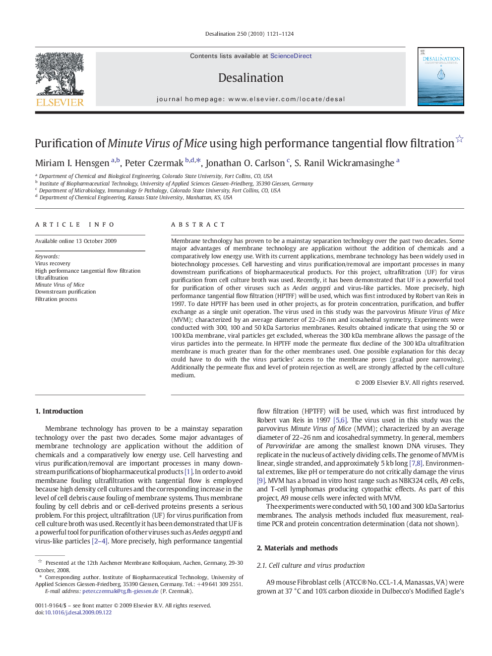 Purification of Minute Virus of Mice using high performance tangential flow filtration 