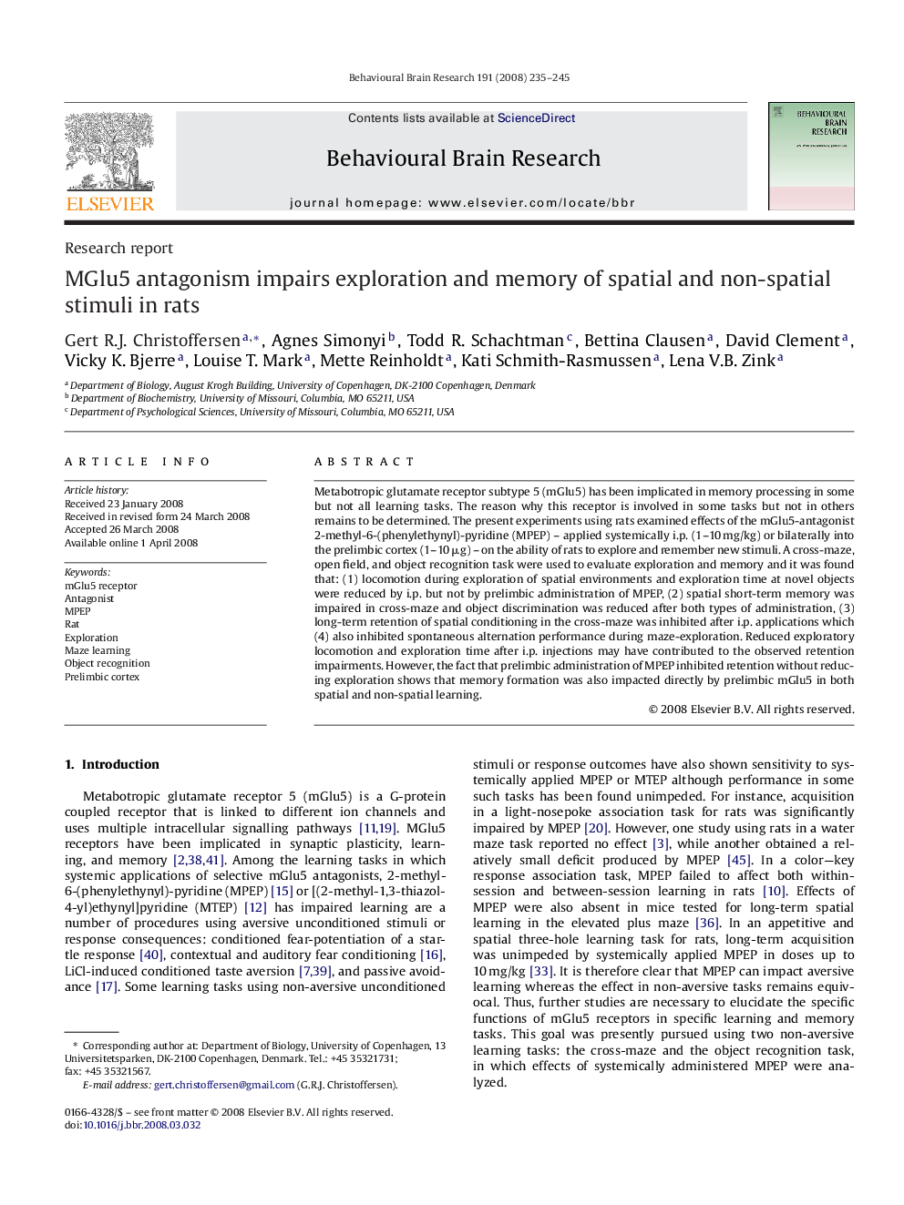 Research reportMGlu5 antagonism impairs exploration and memory of spatial and non-spatial stimuli in rats