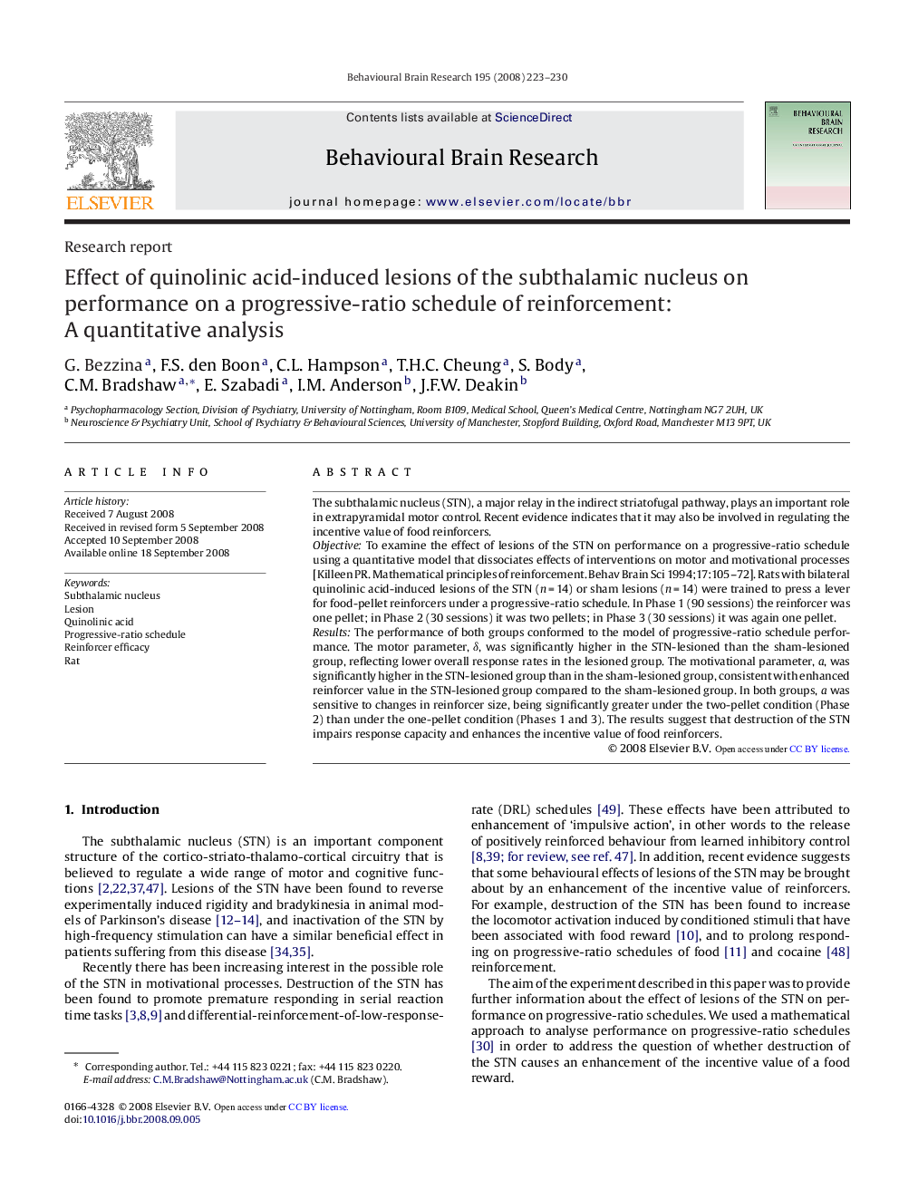 Research reportEffect of quinolinic acid-induced lesions of the subthalamic nucleus on performance on a progressive-ratio schedule of reinforcement: A quantitative analysis