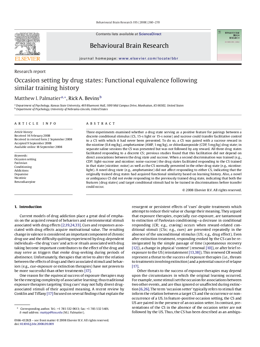 Research reportOccasion setting by drug states: Functional equivalence following similar training history