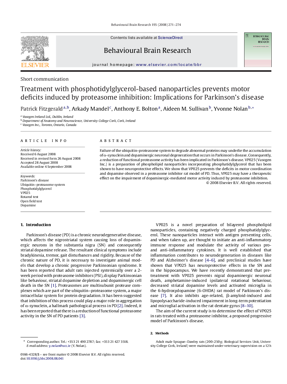 Short communicationTreatment with phosphotidylglycerol-based nanoparticles prevents motor deficits induced by proteasome inhibition: Implications for Parkinson's disease