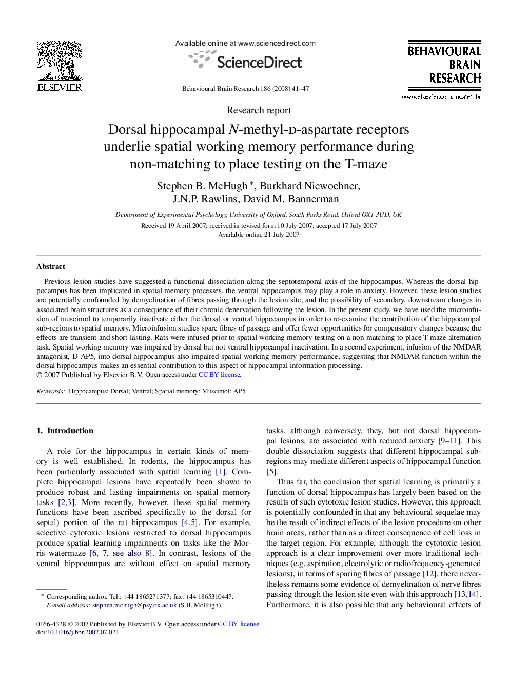 Research reportDorsal hippocampal N-methyl-d-aspartate receptors underlie spatial working memory performance during non-matching to place testing on the T-maze