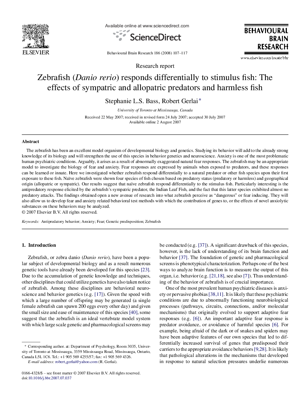 Research reportZebrafish (Danio rerio) responds differentially to stimulus fish: The effects of sympatric and allopatric predators and harmless fish