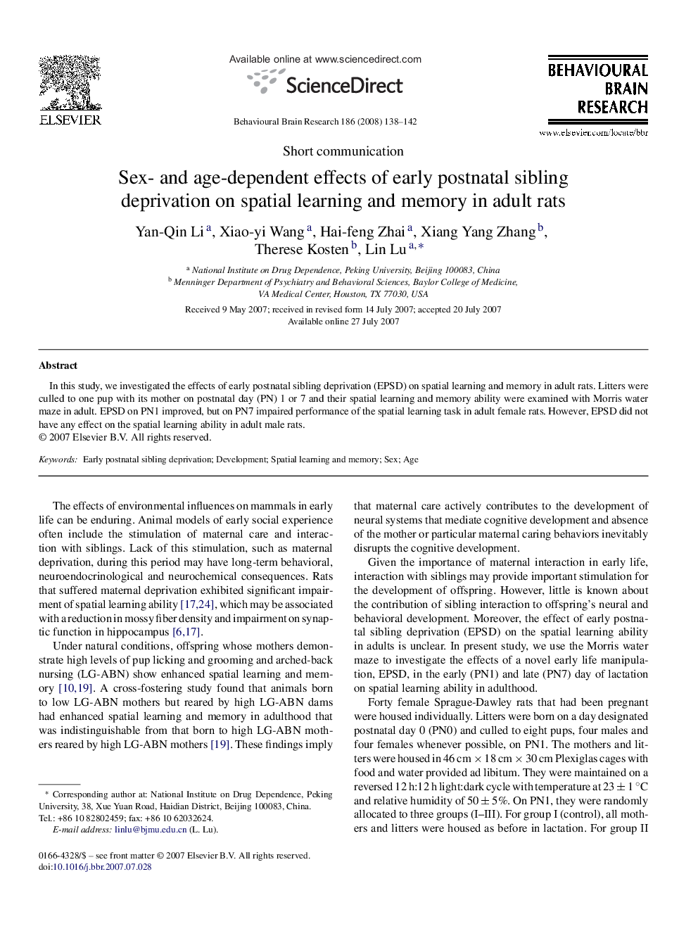 Short communicationSex- and age-dependent effects of early postnatal sibling deprivation on spatial learning and memory in adult rats