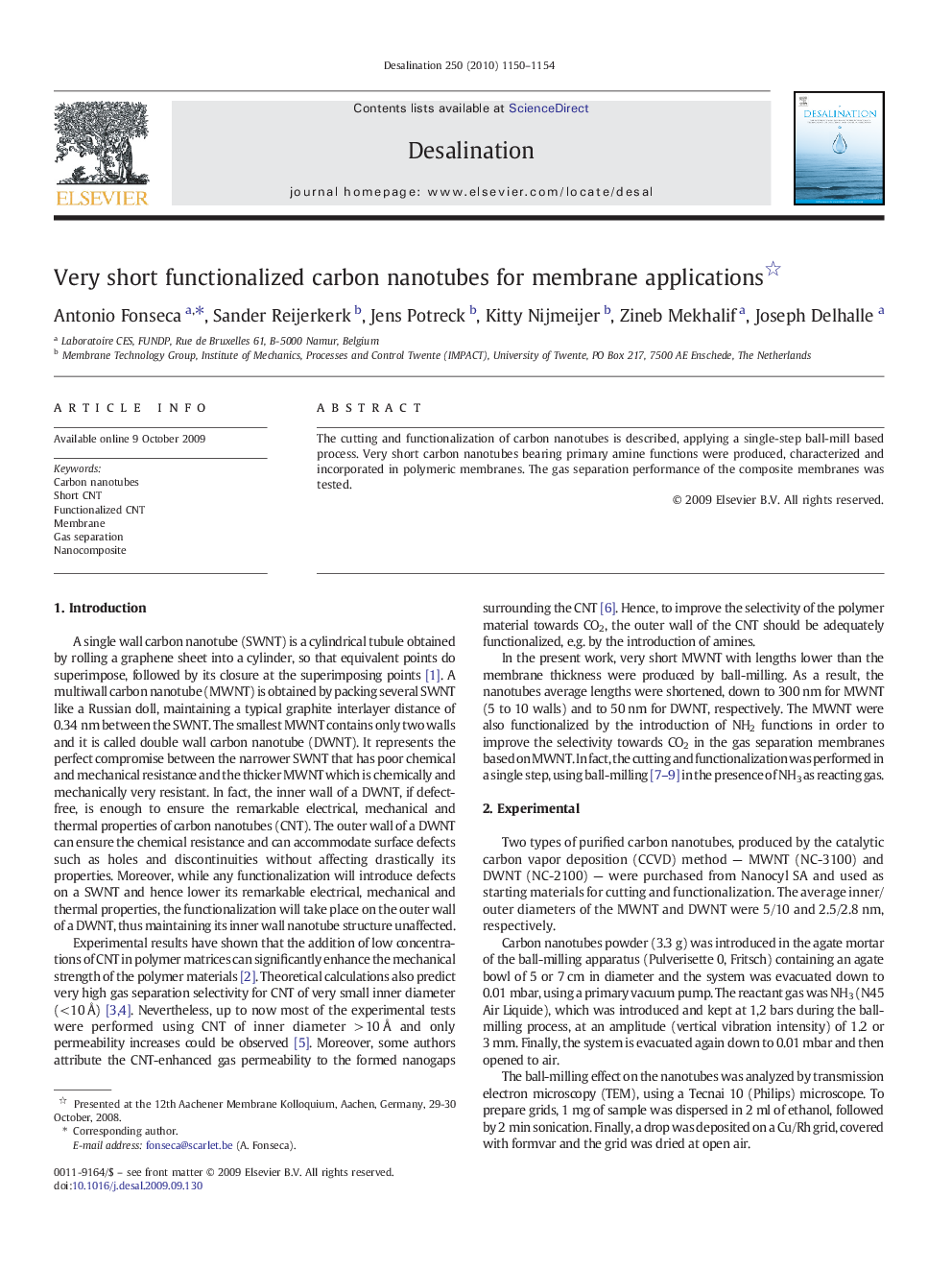 Very short functionalized carbon nanotubes for membrane applications 