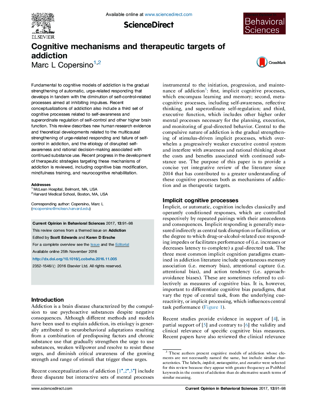 Cognitive mechanisms and therapeutic targets of addiction