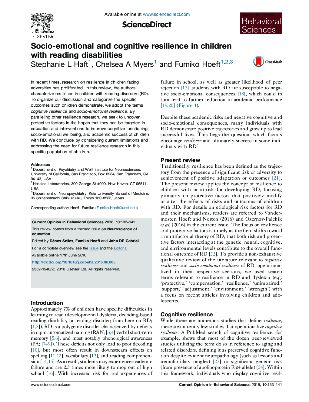 Socio-emotional and cognitive resilience in children with reading disabilities