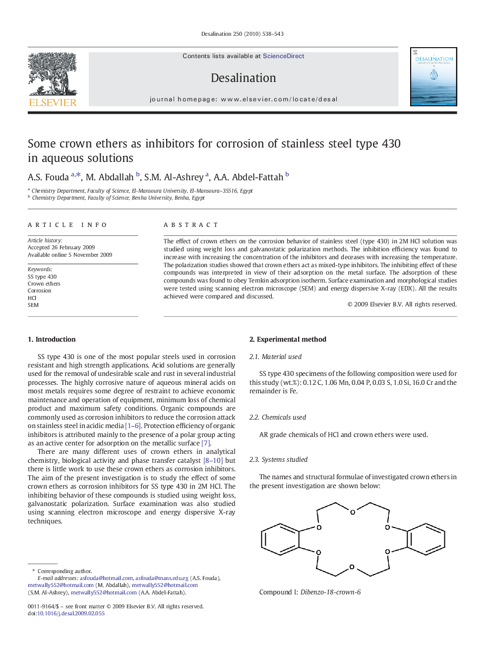 Some crown ethers as inhibitors for corrosion of stainless steel type 430 in aqueous solutions