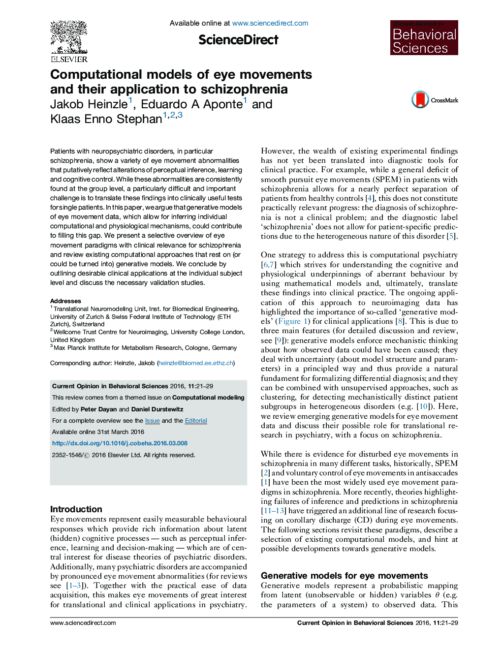 Computational models of eye movements and their application to schizophrenia