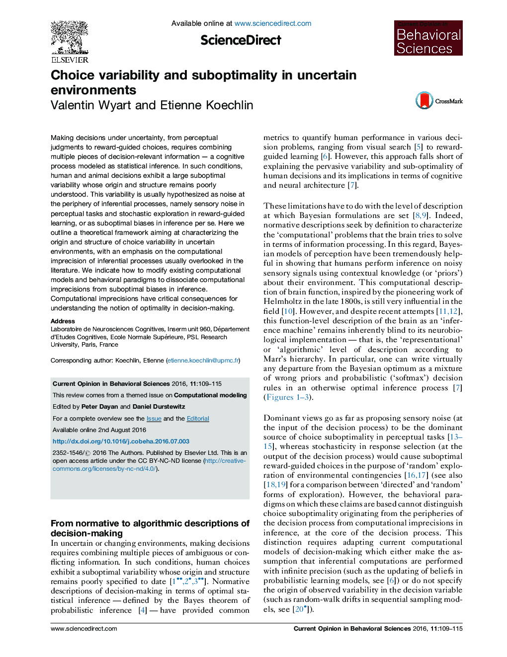 Choice variability and suboptimality in uncertain environments