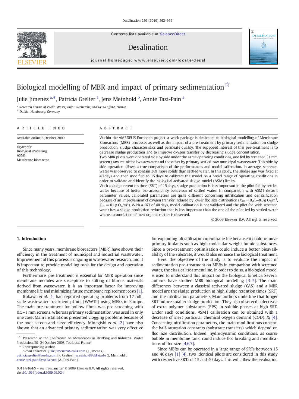 Biological modelling of MBR and impact of primary sedimentation 