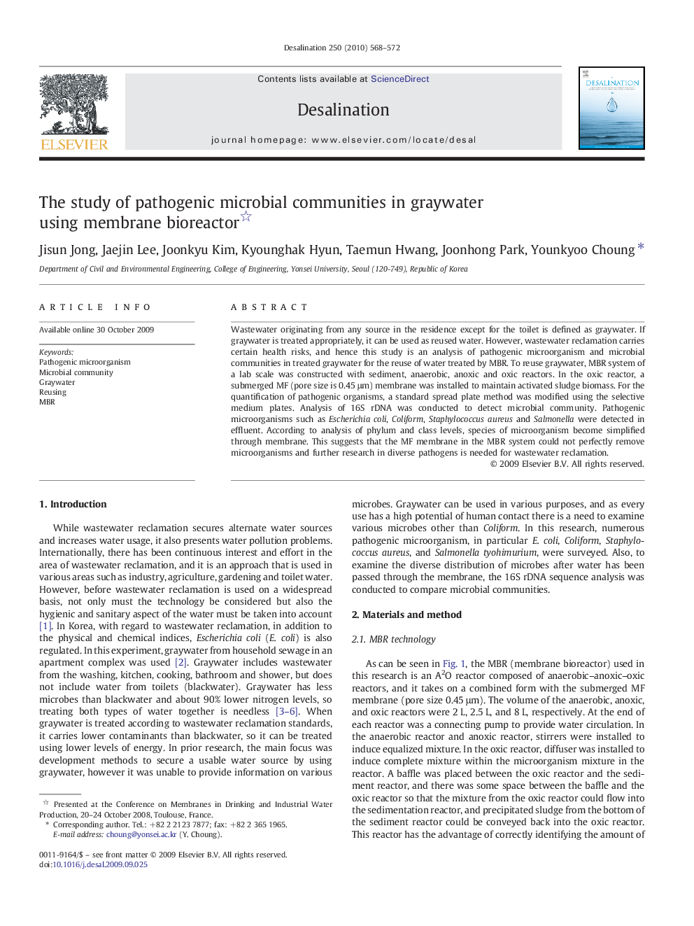 The study of pathogenic microbial communities in graywater using membrane bioreactor