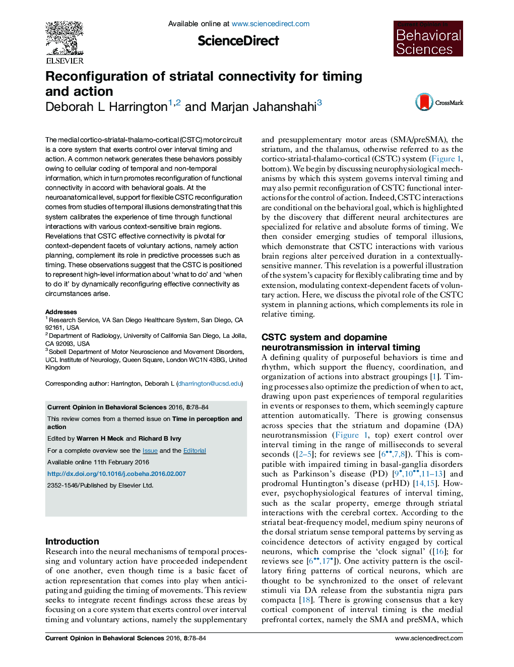 Reconfiguration of striatal connectivity for timing and action