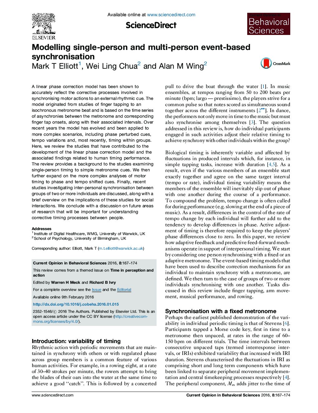 Modelling single-person and multi-person event-based synchronisation