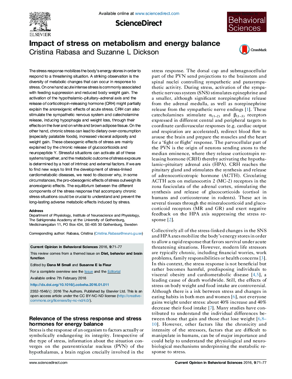 Impact of stress on metabolism and energy balance