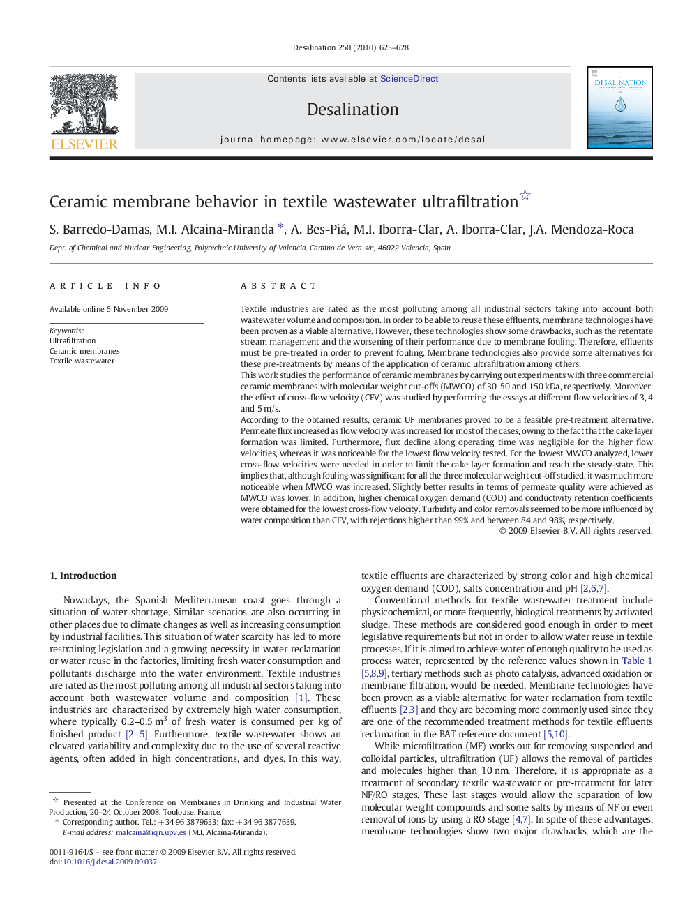 Ceramic membrane behavior in textile wastewater ultrafiltration 