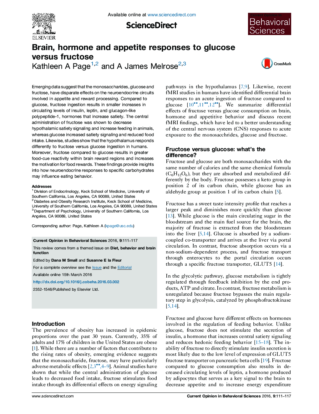 Brain, hormone and appetite responses to glucose versus fructose