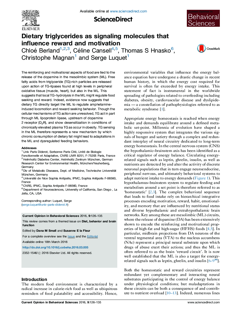 Dietary triglycerides as signaling molecules that influence reward and motivation