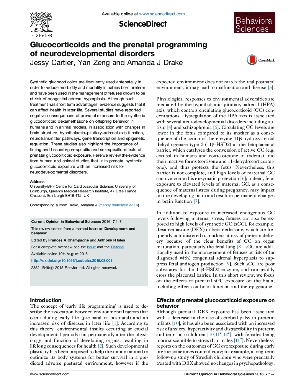 Glucocorticoids and the prenatal programming of neurodevelopmental disorders