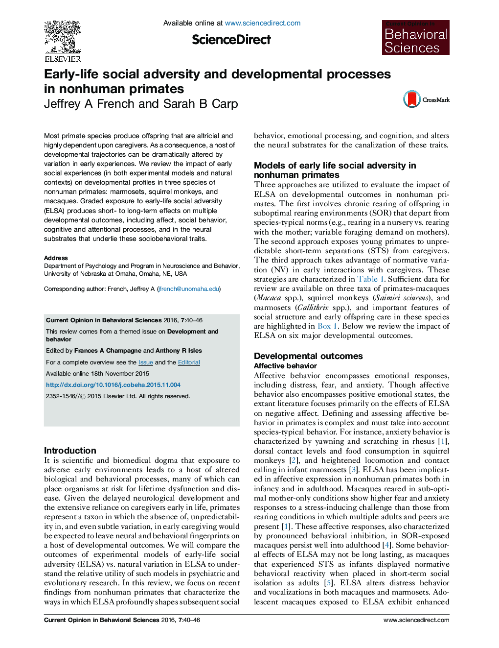 Early-life social adversity and developmental processes in nonhuman primates